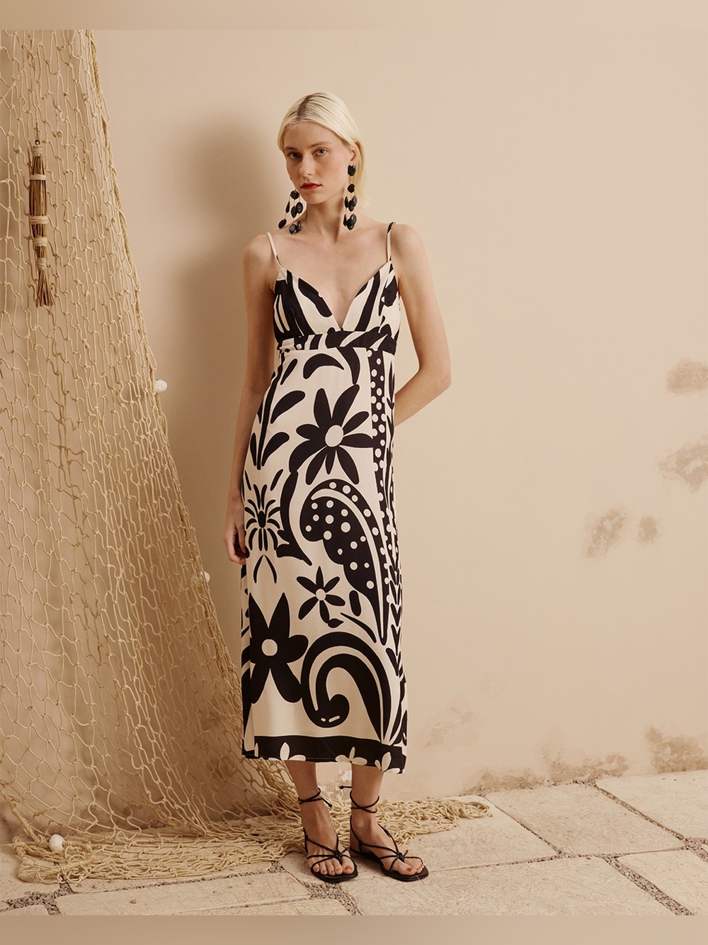 CaCay Viscose Ivory and White Print Midi Vacation Dress Small P
